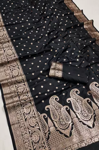 Black soft banarasi silk blend  saree with self weaving design zari weaving pallu and blouse