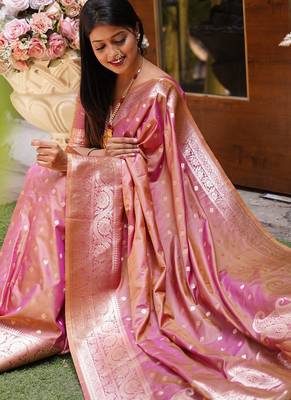 Onion pink  soft banarasi silk blend  saree with self weaving design zari weaving pallu and blouse 1