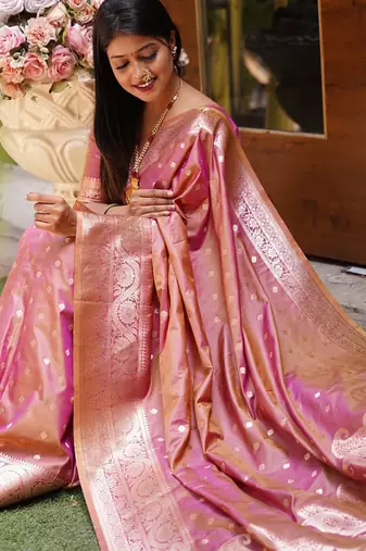 Onion pink  soft banarasi silk blend  saree with self weaving design zari weaving pallu and blouse
