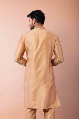 beige dupion kurta pyjama set for men with printed design 4