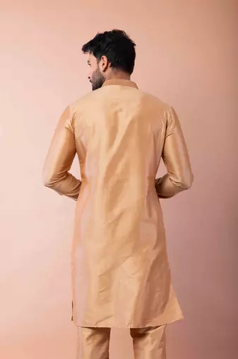 beige dupion kurta pyjama set for men with printed design