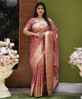 Onion pink  soft banarasi silk blend  saree with self weaving design zari weaving pallu and blouse 2