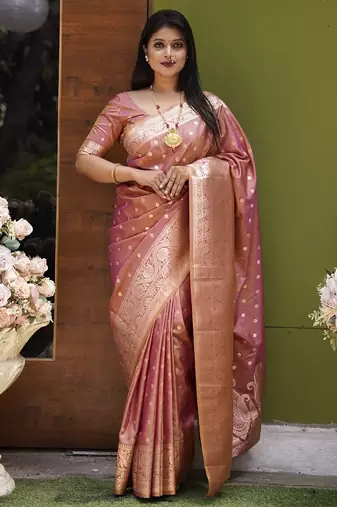 Onion pink  soft banarasi silk blend  saree with self weaving design zari weaving pallu and blouse
