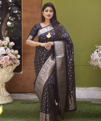 Black soft banarasi silk blend  saree with self weaving design zari weaving pallu and blouse 3