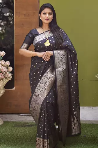 Black soft banarasi silk blend  saree with self weaving design zari weaving pallu and blouse