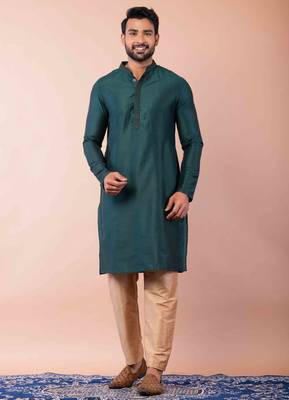 green dupion kurta pyjama set for men with printed design 1