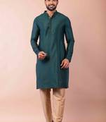 green dupion kurta pyjama set for men with printed design