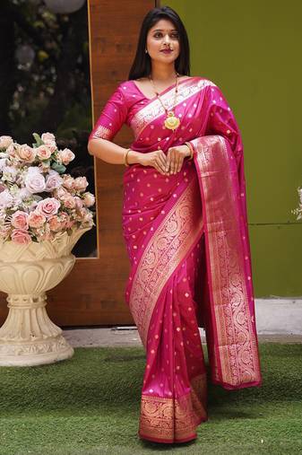 Pink soft banarasi silk blend  saree with self weaving design zari weaving pallu and blouse