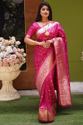 Pink soft banarasi silk blend  saree with self weaving design zari weaving pallu and blouse