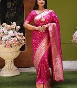 Pink soft banarasi silk blend  saree with self weaving design zari weaving pallu and blouse