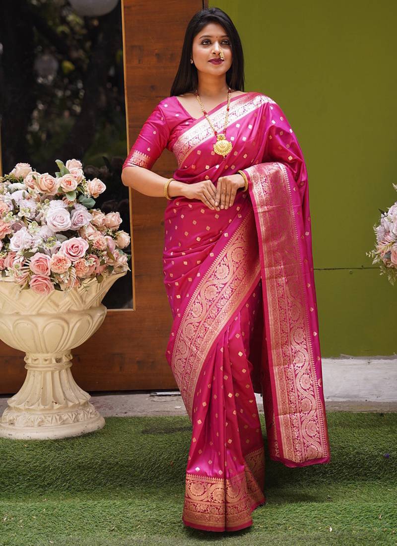 Pink soft banarasi silk blend  saree with self weaving design zari weaving pallu and blouse