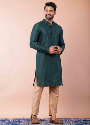 green dupion kurta pyjama set for men with printed design 2