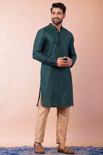 green dupion kurta pyjama set for men with printed design