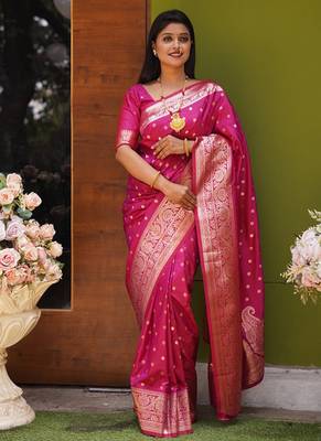 Pink soft banarasi silk blend  saree with self weaving design zari weaving pallu and blouse 2