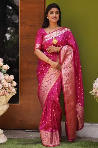 Pink soft banarasi silk blend  saree with self weaving design zari weaving pallu and blouse
