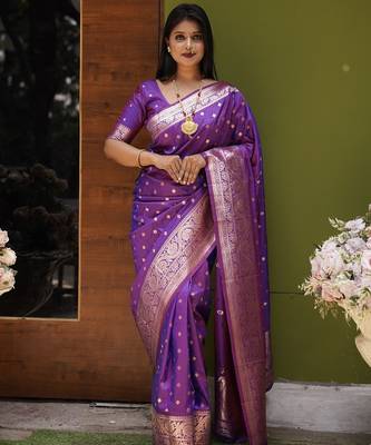 Purple  soft banarasi silk blend  saree with self weaving design zari weaving pallu and blouse 1