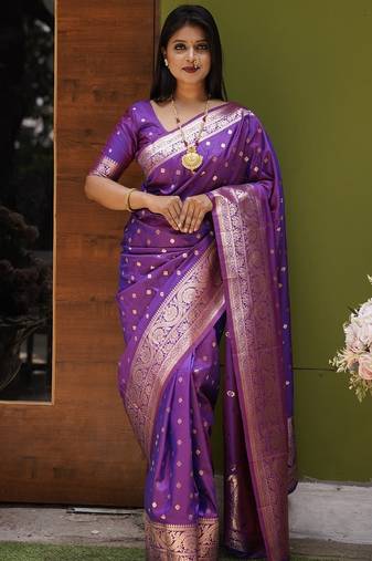 Purple  soft banarasi silk blend  saree with self weaving design zari weaving pallu and blouse