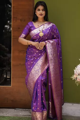 Purple  soft banarasi silk blend  saree with self weaving design zari weaving pallu and blouse