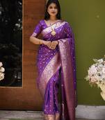 Purple  soft banarasi silk blend  saree with self weaving design zari weaving pallu and blouse