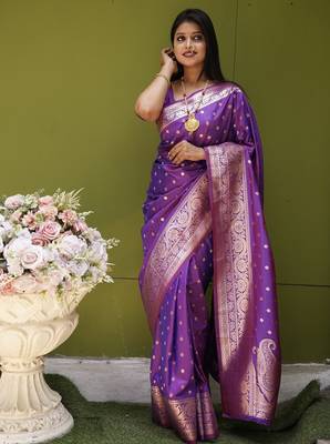 Purple  soft banarasi silk blend  saree with self weaving design zari weaving pallu and blouse 2