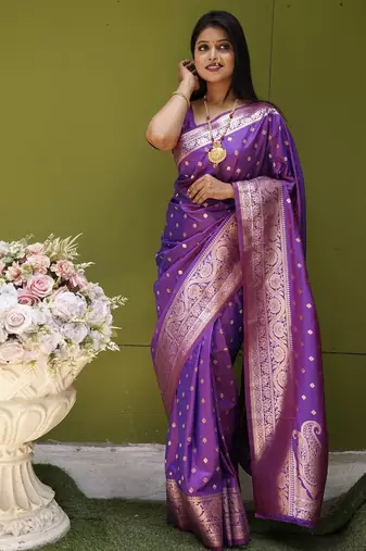 Purple  soft banarasi silk blend  saree with self weaving design zari weaving pallu and blouse