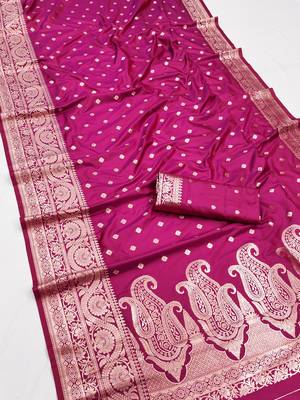 Pink soft banarasi silk blend  saree with self weaving design zari weaving pallu and blouse 3