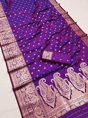 Purple  soft banarasi silk blend  saree with self weaving design zari weaving pallu and blouse 3