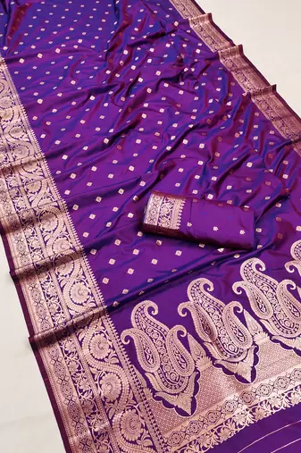 Purple  soft banarasi silk blend  saree with self weaving design zari weaving pallu and blouse