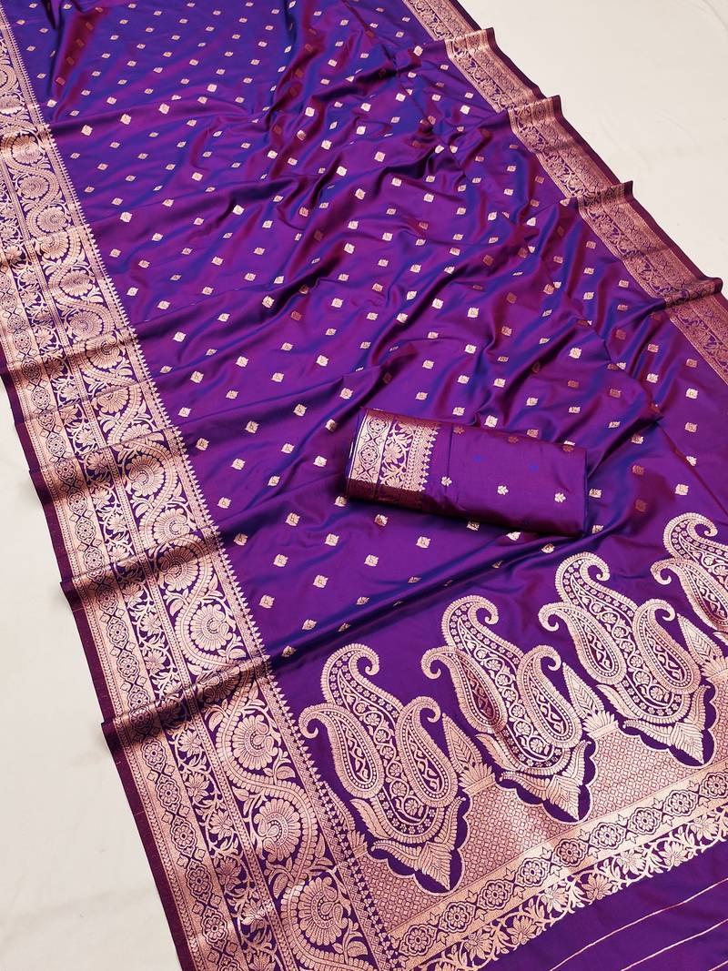 Purple  soft banarasi silk blend  saree with self weaving design zari weaving pallu and blouse