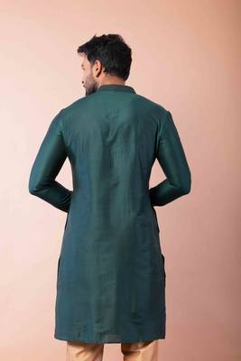 green dupion kurta pyjama set for men with printed design 4