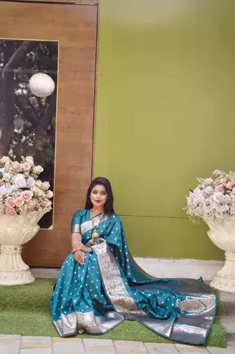 Sky blue soft banarasi silk blend  saree with self weaving design zari weaving pallu and blouse