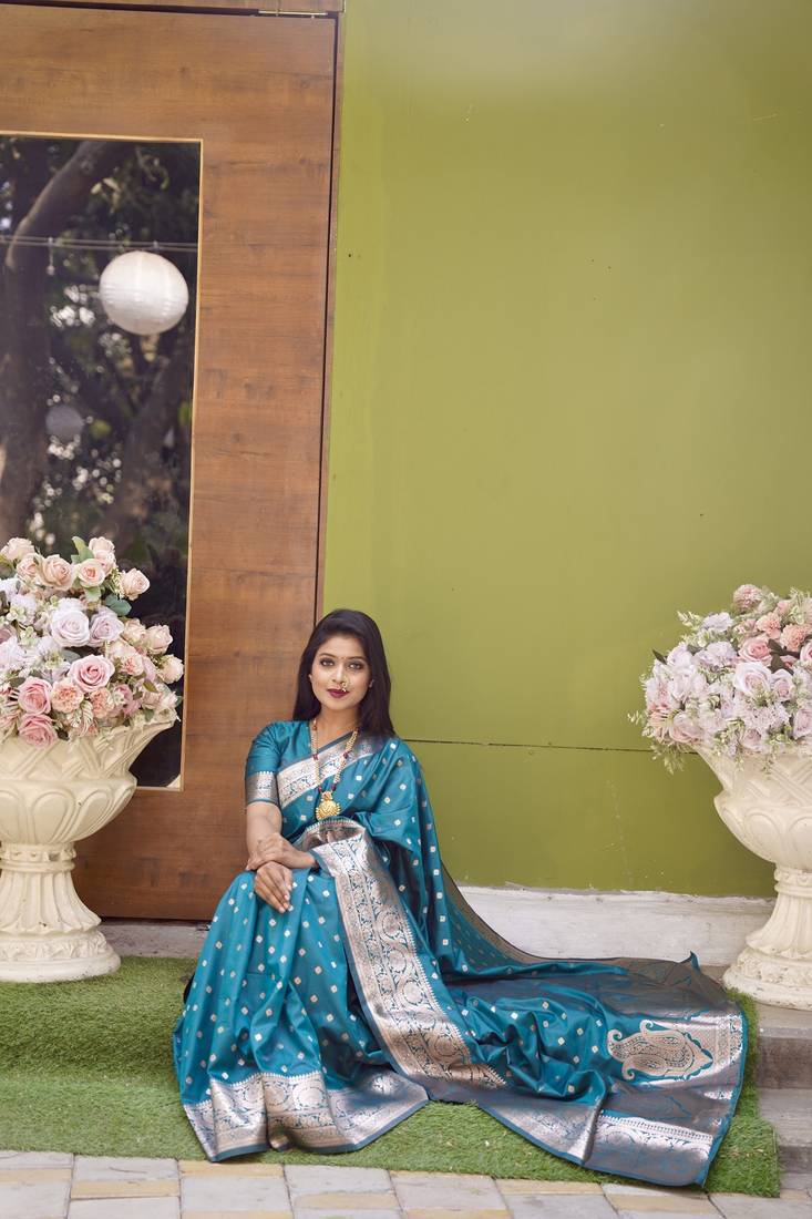 Sky blue soft banarasi silk blend  saree with self weaving design zari weaving pallu and blouse