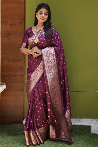 Wine soft banarasi silk blend  saree with self weaving design zari weaving pallu and blouse
