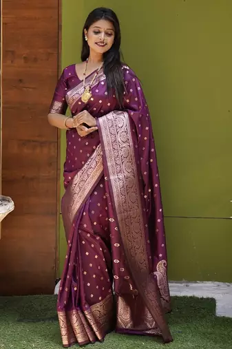Wine soft banarasi silk blend  saree with self weaving design zari weaving pallu and blouse
