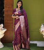 Wine soft banarasi silk blend  saree with self weaving design zari weaving pallu and blouse