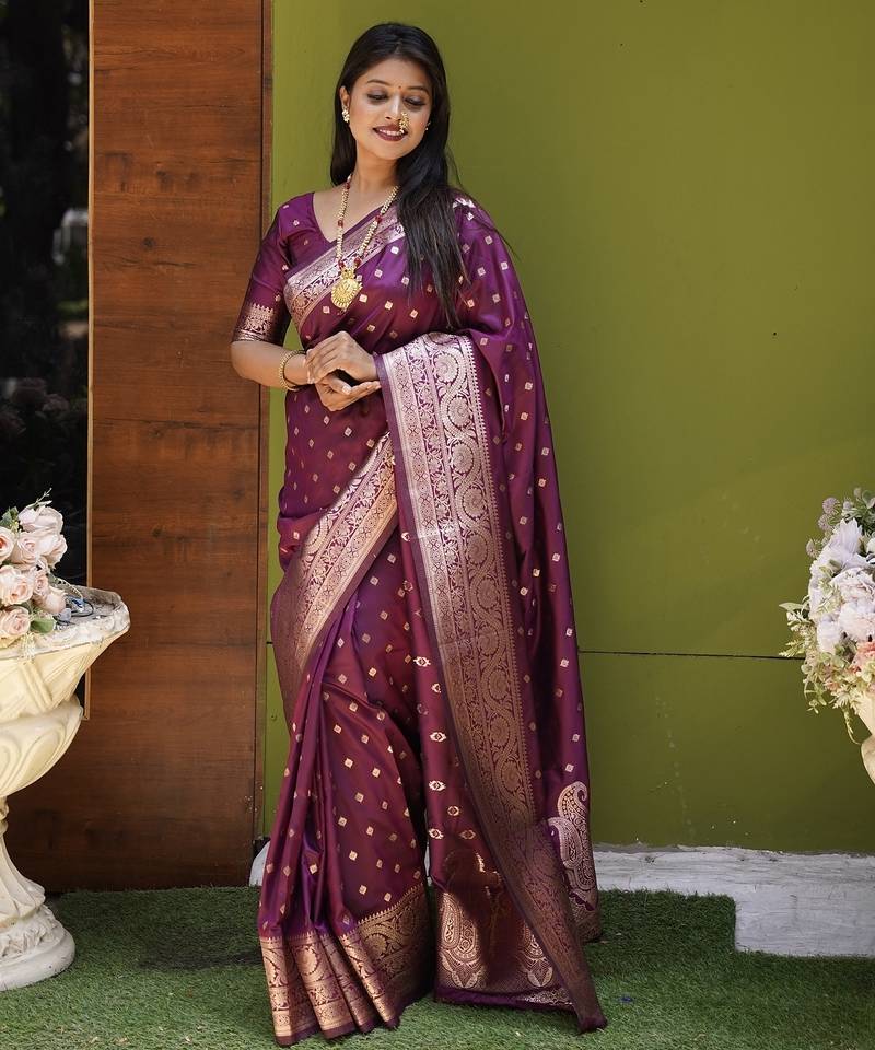 Wine soft banarasi silk blend  saree with self weaving design zari weaving pallu and blouse