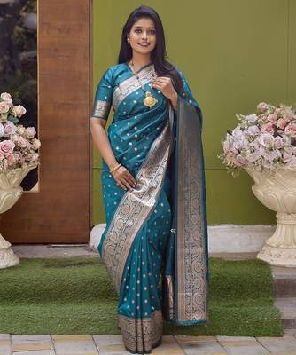 Sky blue soft banarasi silk blend  saree with self weaving design zari weaving pallu and blouse 2