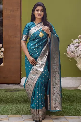 Sky blue soft banarasi silk blend  saree with self weaving design zari weaving pallu and blouse