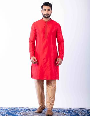 red dupion kurta pyjama set for men with printed design 1