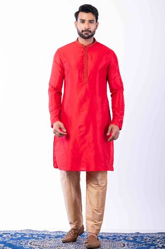 red dupion kurta pyjama set for men with printed design
