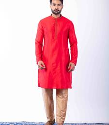 red dupion kurta pyjama set for men with printed design