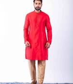 red dupion kurta pyjama set for men with printed design