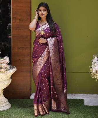 Wine soft banarasi silk blend  saree with self weaving design zari weaving pallu and blouse 2