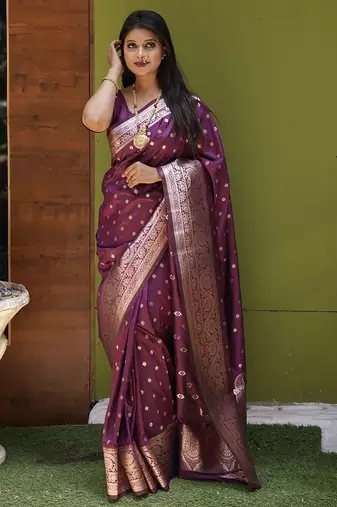 Wine soft banarasi silk blend  saree with self weaving design zari weaving pallu and blouse