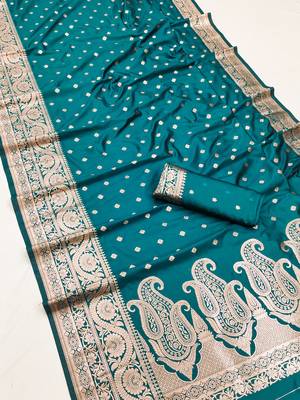 Sky blue soft banarasi silk blend  saree with self weaving design zari weaving pallu and blouse 3