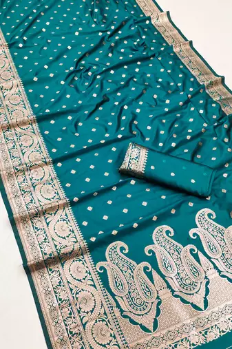 Sky blue soft banarasi silk blend  saree with self weaving design zari weaving pallu and blouse