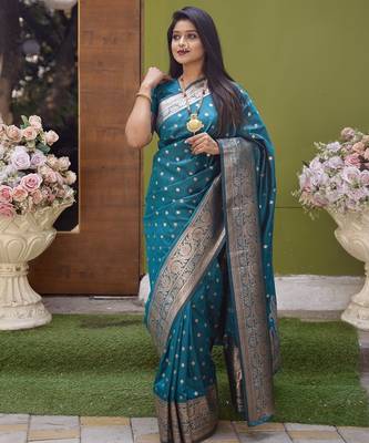 Sea green  soft banarasi silk blend  saree with self weaving design zari weaving pallu and blouse 1