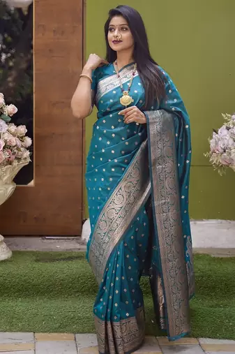 Sea green  soft banarasi silk blend  saree with self weaving design zari weaving pallu and blouse