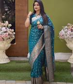 Sea green  soft banarasi silk blend  saree with self weaving design zari weaving pallu and blouse