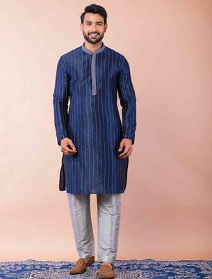 navy blue dupion kurta pyjama set for men with solid design 1